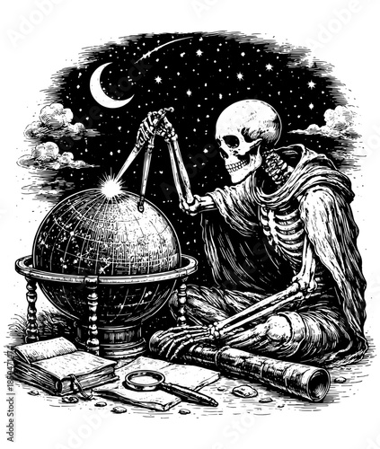 Vintage Skeleton Astronomer Engraving Vector, Inverted Black White Xerography on Transparent Background