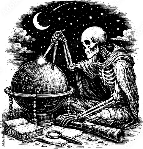 Vintage Skeleton Astronomer Engraving Vector, Inverted Black White Xerography on Transparent Background