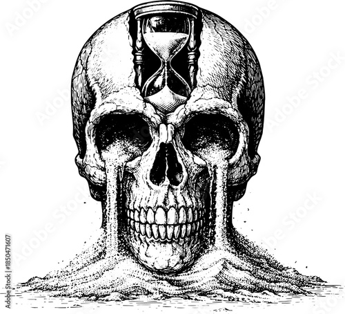 Vintage Skull with Hourglass Engraving Vector, Inverted Black White Xerography on Transparent Background