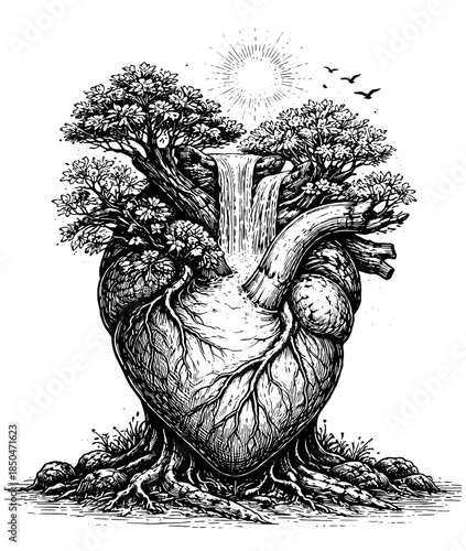 Vintage Anatomical Heart Tree Engraving Vector, Inverted Black White Xerography on Transparent Background