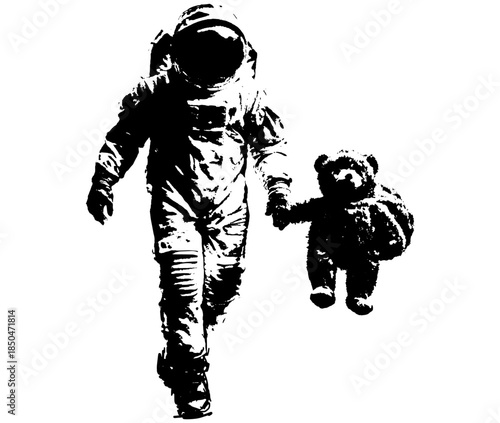 Vintage Astronaut with Teddy Bear Engraving T Shirt Design, Inverted Black White Xerography Vector on Transparent Background