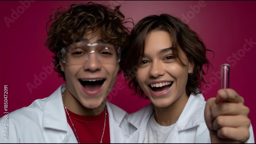 Young scientists pose with a test tube in the lab for a fun project
