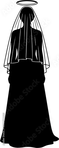 An illustration depicts a woman in a long dress and veil with a halo around her head standing alone.
