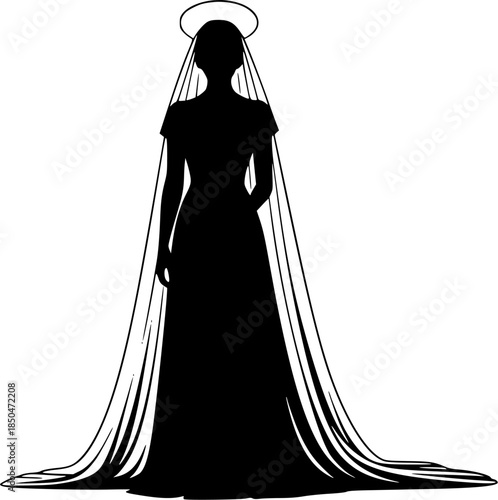 An illustration depicts a woman in a long dress and veil with a halo around her head standing alone.
