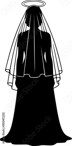 An illustration depicts a woman in a long dress and veil with a halo around her head standing alone.
