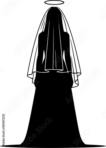 An illustration depicts a woman in a long dress and veil with a halo around her head standing alone.
