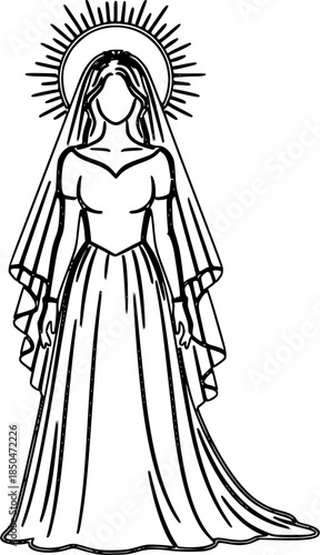 An illustration depicts a woman in a long dress and veil with a halo around her head standing alone.
