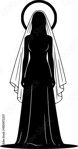 An illustration depicts a woman in a long dress and veil with a halo around her head standing alone.
