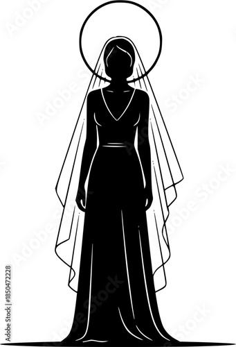 An illustration depicts a woman in a long dress and veil with a halo around her head standing alone.
