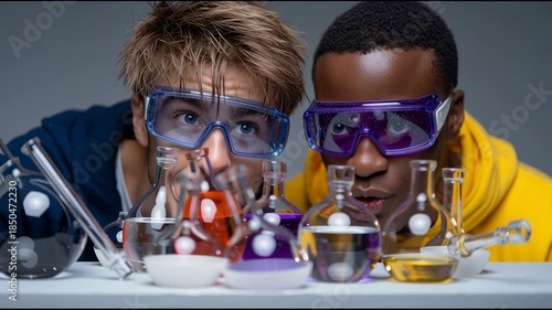 Friends smile while wearing colorful glasses in a studio setting
