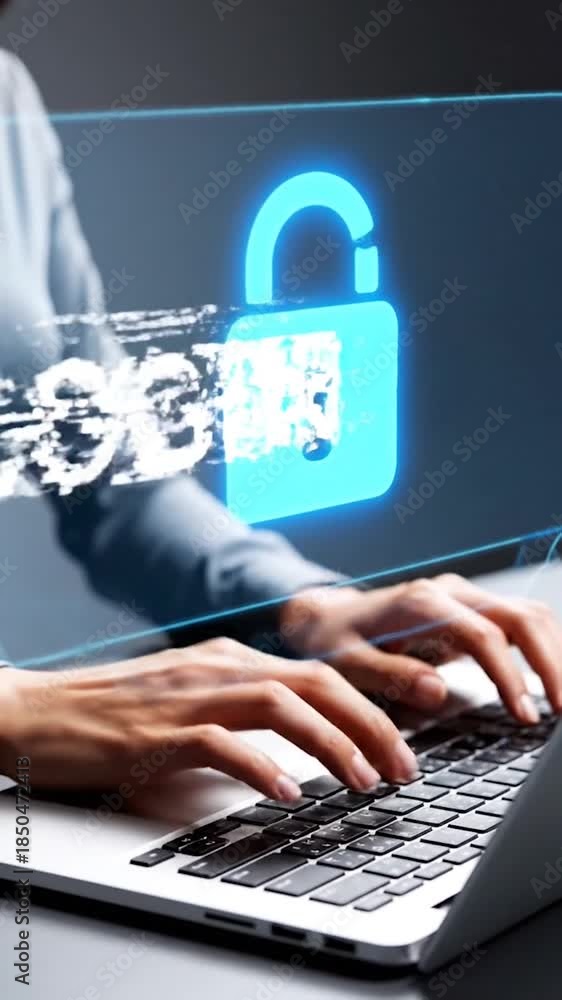 Secure Login and Cybersecurity on Laptop with Digital Lock Icon. Person ...