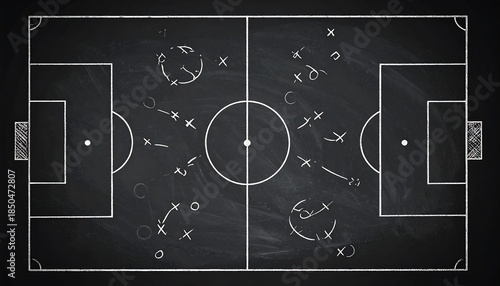 Overhead diagram of a soccer field with strategic plays drawn in white chalk. Focus is on teamwork and field layout