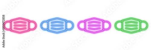 Neon glowing face mask vector icons set, medical, protection, virus, pandemic, safety, vibrant colorful digital design illustration on dark background.