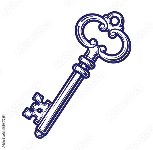 Elegant blue antique key vector illustration isolated on white background for design