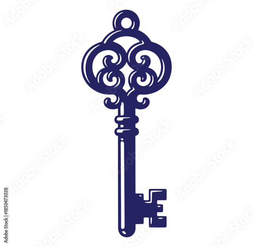 Elegant intricate dark blue decorative antique key isolated on white background