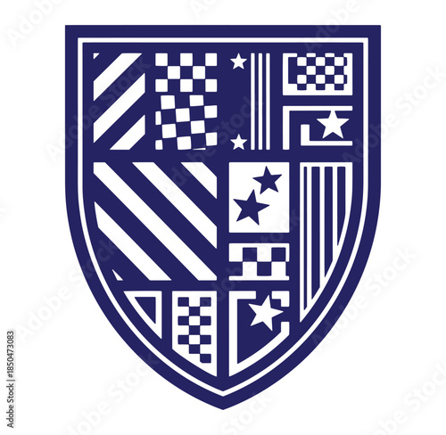 Elegant detailed shield design featuring stripes checkered patterns and star embellishments on white background