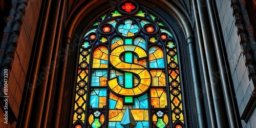 Generative AI-styled stained glass window; dollar sign, church architecture, cracked glass, decaying stone, opulent details,  wealth,  church