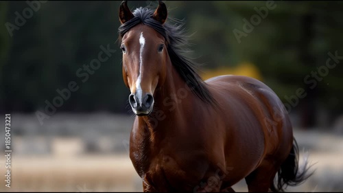 Horse runs freely in open field with trees in background