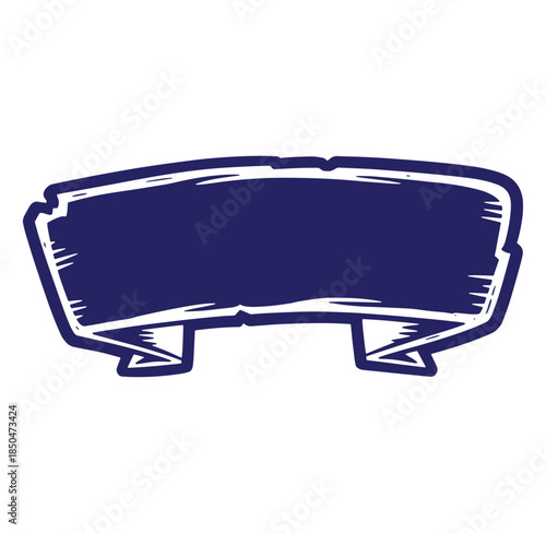 Hand drawn dark blue banner or ribbon illustration with white outline on a plain white background.