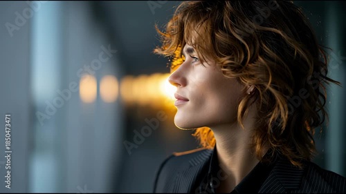 Boy looks out at sunset with light reflecting on his face