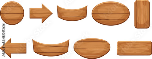 Cartoon wooden signboards collection, vector set of various wood banners, panels, arrows, plaques, game UI elements isolated on white