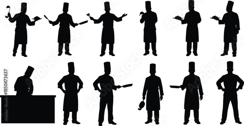 Chef silhouettes in action, cooking, serving, presenting food, kitchen staff, culinary poses, restaurant professionals, black vector icons, apron, hat
