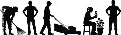 Gardening silhouettes set, landscaper raking leaves, man mowing lawn, woman planting flowers, yard work and landscaping service vector illustration