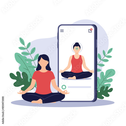 Young woman practicing yoga in lotus position with digital mobile application for online fitness and wellness training.