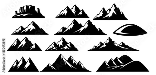 Mountain silhouette. Black outline minimal mountains shape for banner border and scenic backdrop. Isolated vector set, transparent background SVG version.