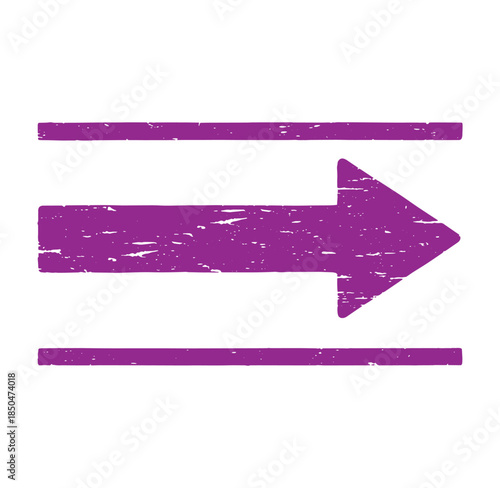 Purple grunge arrow pointing right between parallel lines on white background