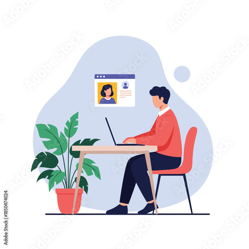 Man sitting at desk working on laptop with a digital profile card representing online networking, recruitment, or job searching.