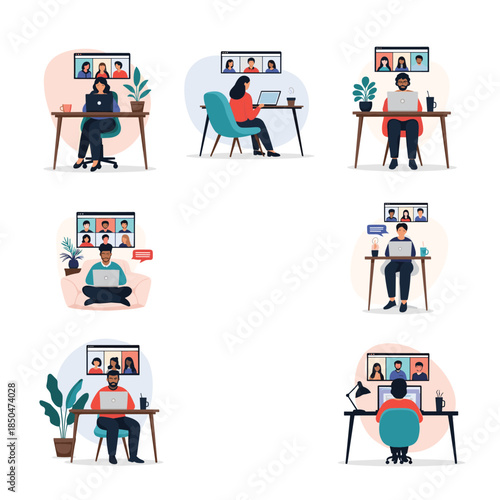 Diverse group of people working from home and participating in remote video conference calls on their laptops.