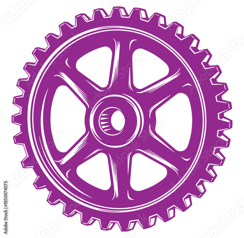 Purple gear wheel isolated on white background representing mechanical concepts and engineering