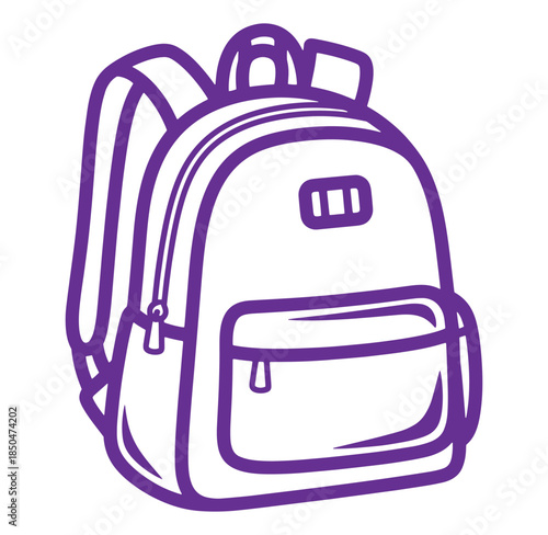 Purple outline illustration of a backpack with straps pockets and a zipper ideal for education