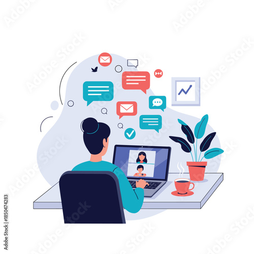 Woman working on laptop with video call and floating digital icons representing multitasking and online work.