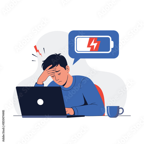 Exhausted man suffers from burnout while working on a laptop with a low battery icon indicating his lack of energy and mental fatigue.