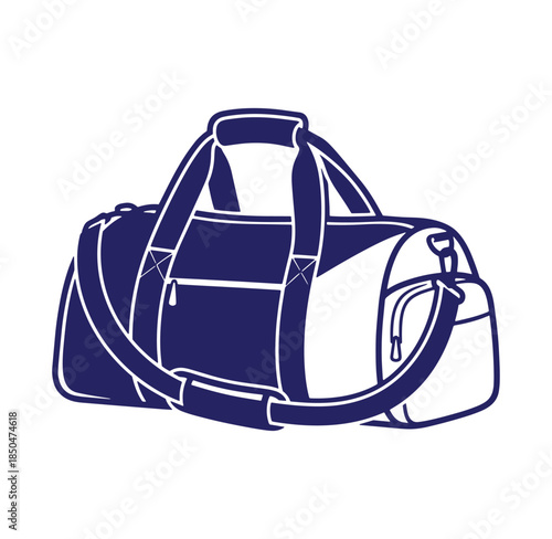 Vector illustration of a blue and white duffel bag with handle and shoulder strap