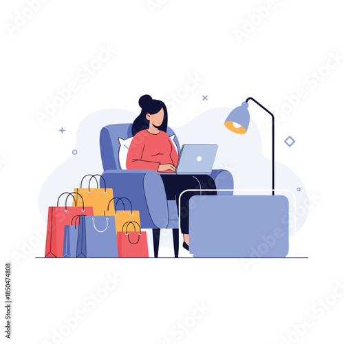 Woman relaxes in an armchair while using her laptop to shop online with several colorful shopping bags placed on the floor nearby.