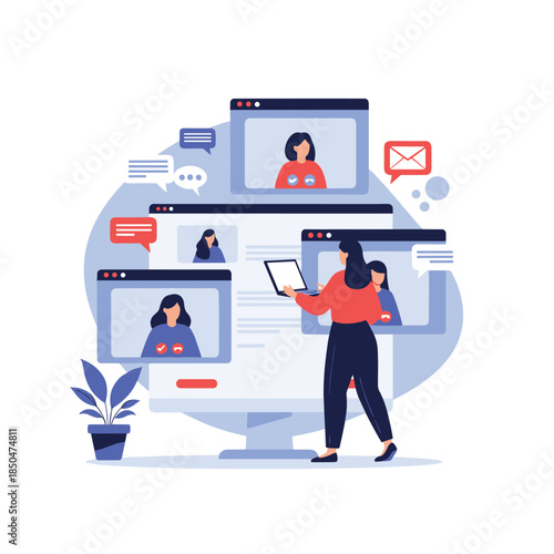 Business professionals participate in a virtual meeting using multiple screens for effective remote communication.