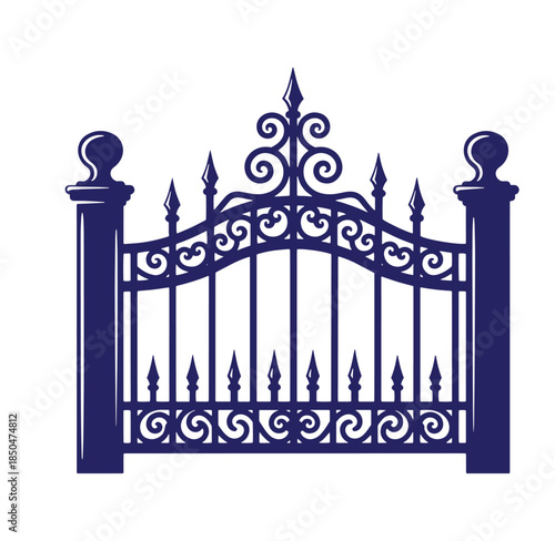 Vector illustration of a detailed decorative iron gate in elegant silhouette style