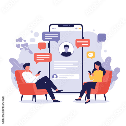 Man and woman using smartphones while sitting in front of a large mobile screen representing social networking.