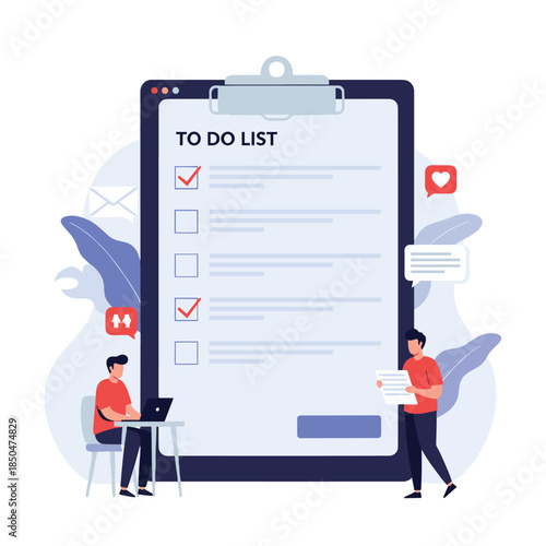 Productivity concept featuring a giant to-do list clipboard with people managing tasks and marking completed goals.