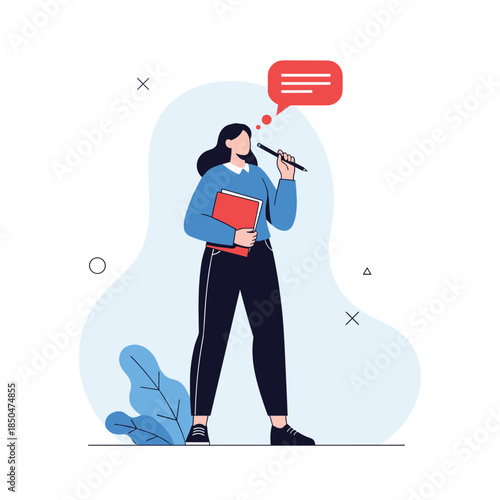 Young female professional standing and thinking with a speech bubble symbolizing ideas, planning, and creativity.