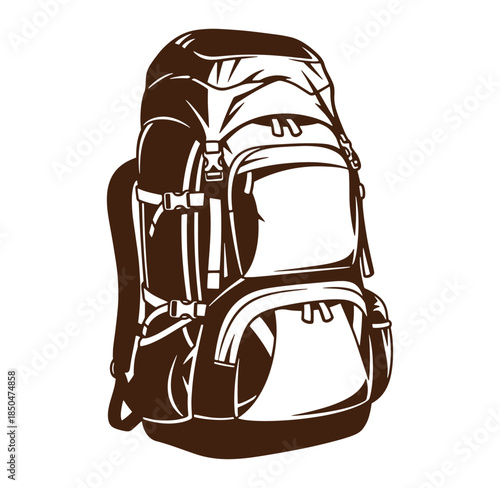 Vector illustration of a detailed hiking backpack in a monochrome style design