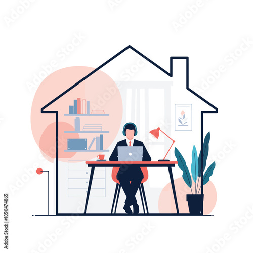 Professional businessman working on a laptop from his home office within a stylized house outline for remote work.