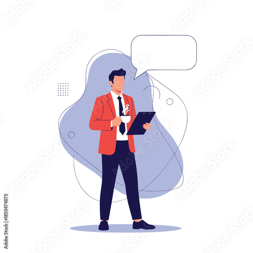 Confident businessman standing with a clipboard and a cup of coffee ready for a meeting or presentation at work.