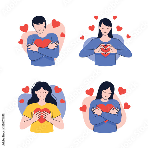 Set of diverse characters expressing self-love and affection by hugging themselves and forming heart shapes.