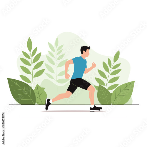Active man running on a path surrounded by large green leaves representing fitness and a healthy outdoor lifestyle.