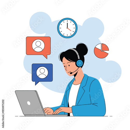 Female customer support representative working on a laptop while managing multiple tasks and communication channels.