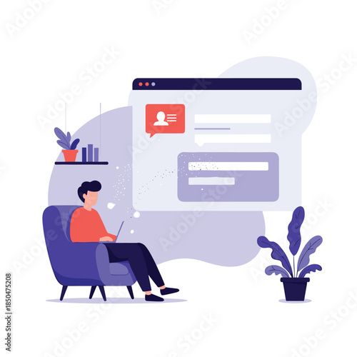 Young man sitting comfortably in an armchair using a laptop for remote work or online registration and profile setup.